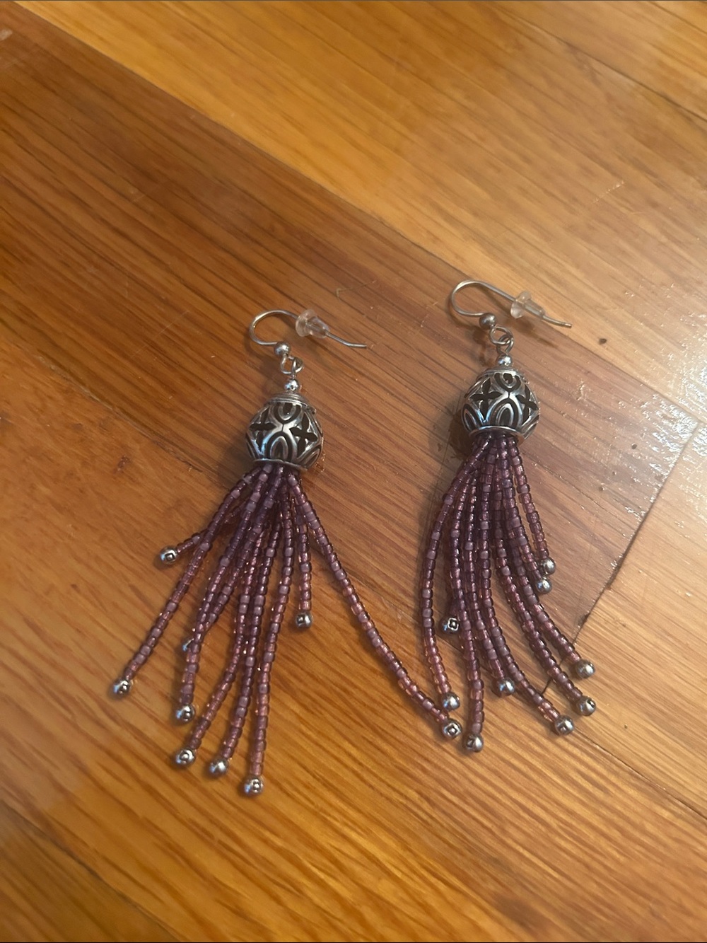 Brighton Mauve Beaded Tassel Drop Earrings with Silver Accents